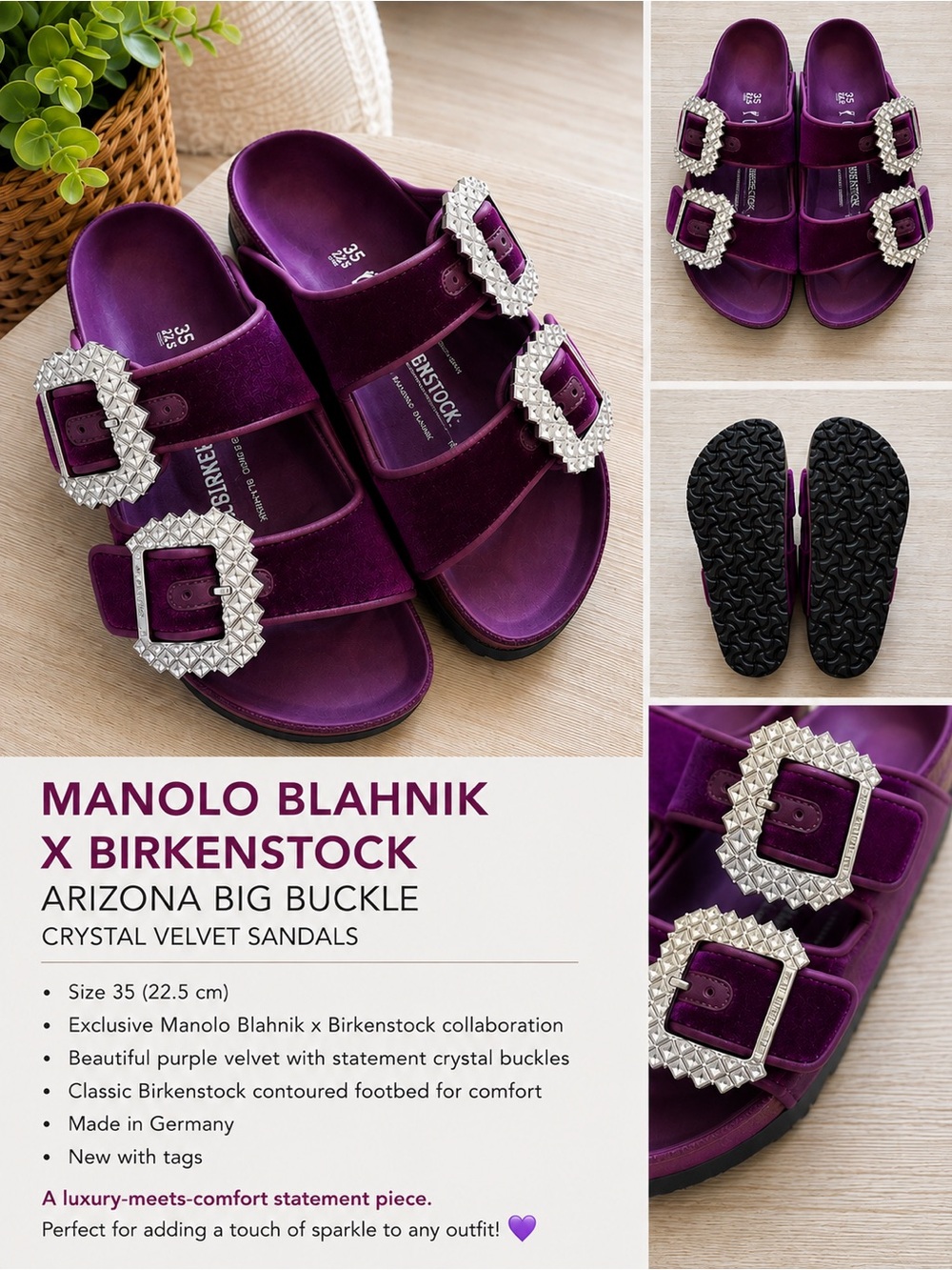 Purple/Hot Pink Velvet Manolo Blahnik Arizona Big Crystal Buckle Sandals Size 35
